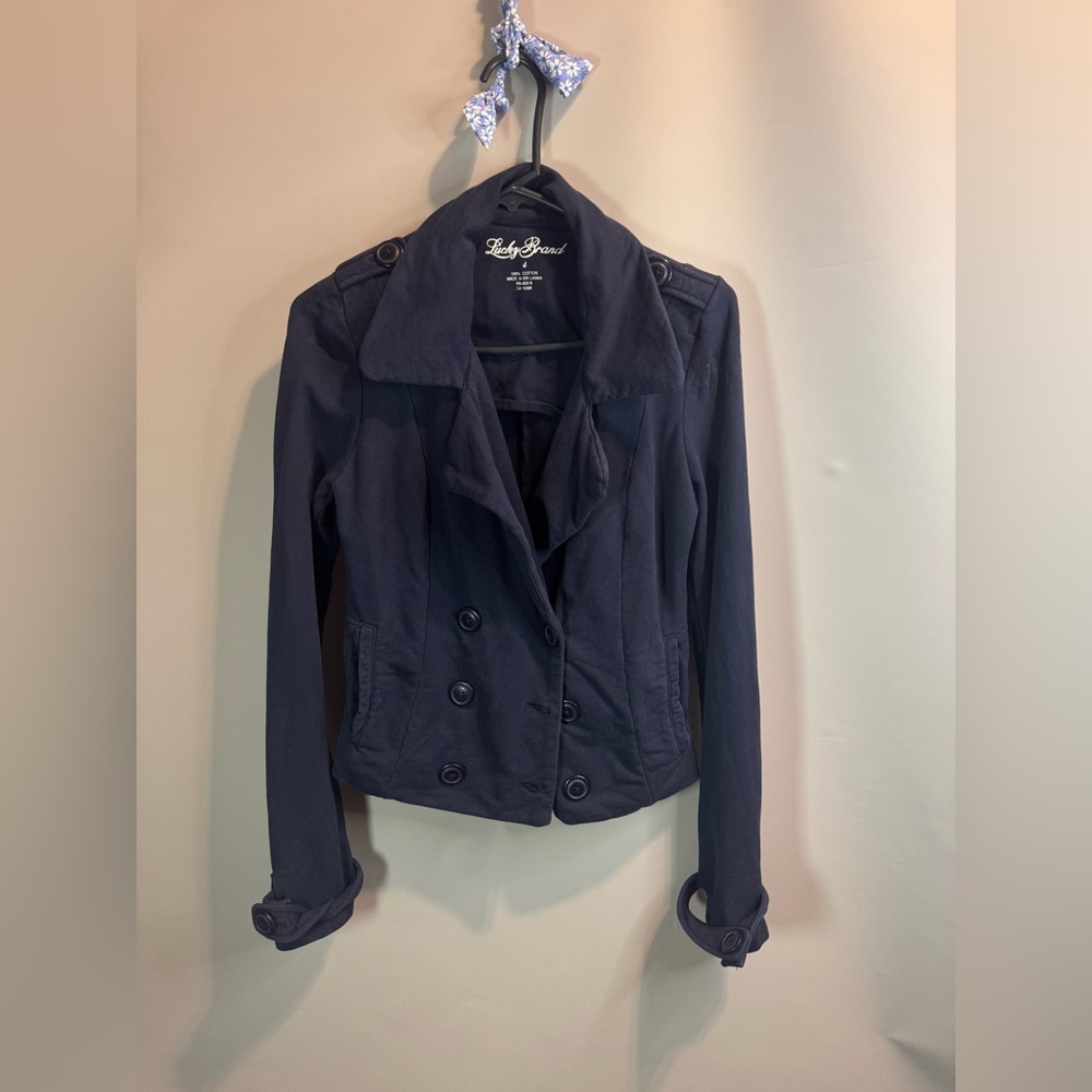 Lucky Brand Small Pea Coat Navy Cotton Double Breasted Utility Jacket Pockets